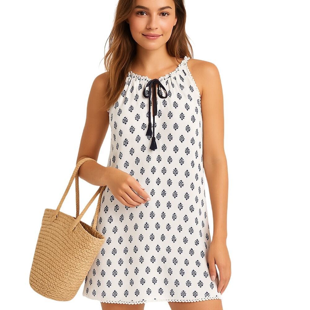 Victoria’s Secret White & Navy Sleeveless Dress Tassel Tie Neck Size M
